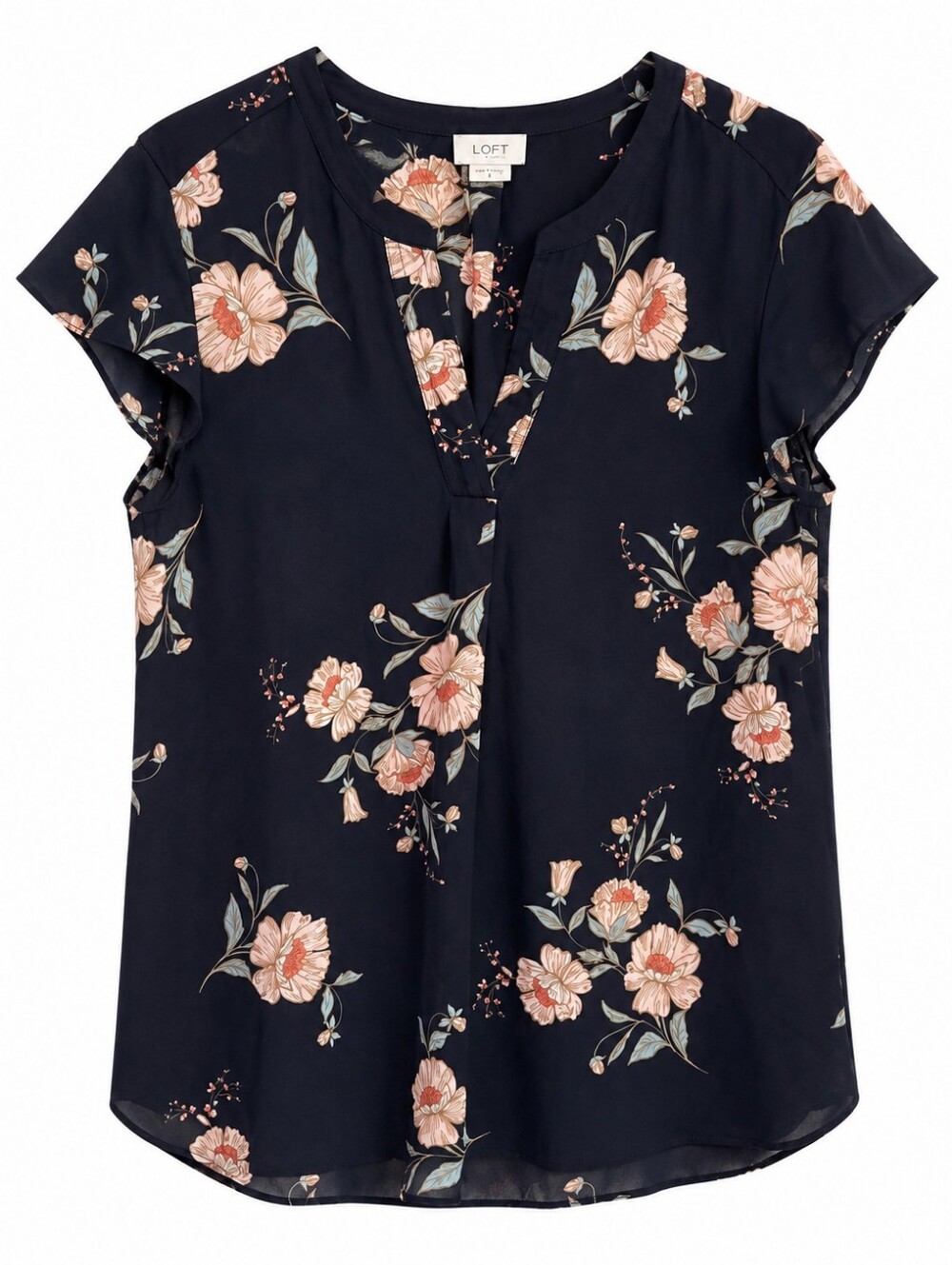 Van Heusen Navy Floral Split V-Notch Blouse Sz LG
